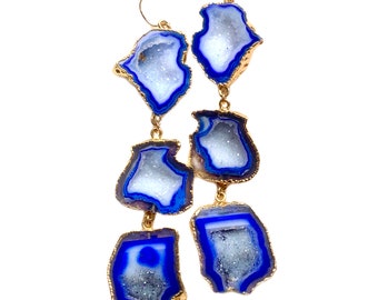 Zeria - Long Dark Blue Geode Statement Earrings