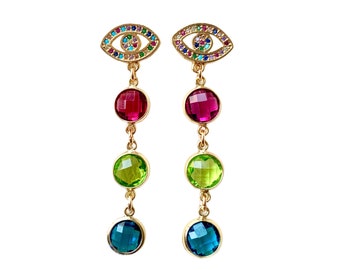 Pandora - Boucles d'oreilles mauvais œil, boucles d'oreilles pendantes en verre coloré