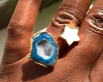 Quinn - Blue Geode Ring Statement Ring Blauwe Druzy Ring Sterring voor grote vinger, Druzy Star Ring, grote blauwe ring