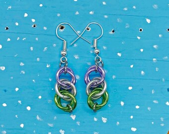 Genderqueer Pride Chainmaille Half Persian 3 in 1 Earrings (Purple, Silver, Green)