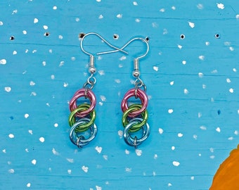 Polysexual Pride Half Persian 3 in 1 Chainmaille Earrings (Pink, Green, Blue)