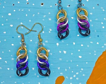 Nonbinary Pride Half Persian 3 in 1 Chainmaille Earrings (Gold, Silver, Black, Purple, Violet)