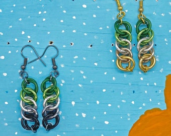 Aromantic and AlloAro Pride Chainmaille Half Persian 3 in 1 Earrings (Black, Grey, Silver, Lime, Green, Gold, Champagne)