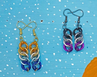 Asexual and AroAce Pride Half Persian 3 in 1 Chainmaille Earrings (Black, Grey, Silver, Purple, Orange, Gold, Sky Blue, Royal Blue)