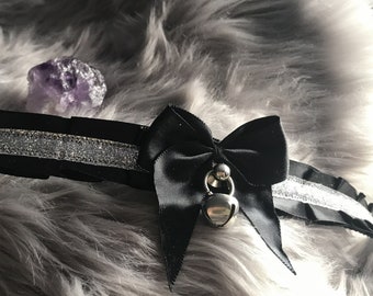 Black and Silver Glitter Ribbon Collar for Petplay