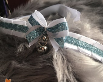 White and Blue Glitter Ribbon Collar for Petplay