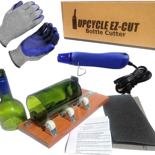 Glass Bottle Cutter, Upcycle EZ-Cut, Wine & Beer Bottle Cutting Machine Tool: Ultimate Kit + Heat Breaking Tool + Gloves + Sandpaper