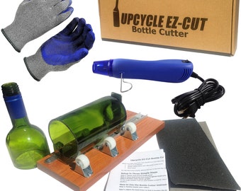 Cortador de botellas de vidrio, Upcycle EZ-Cut, máquina cortadora de botellas de vino y cerveza: Kit completo + Herramienta de corte térmico + Guantes + Papel de lija