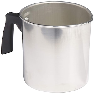 May include: A silver aluminum melting pot with a black handle. The pot is designed for melting wax or chocolate.