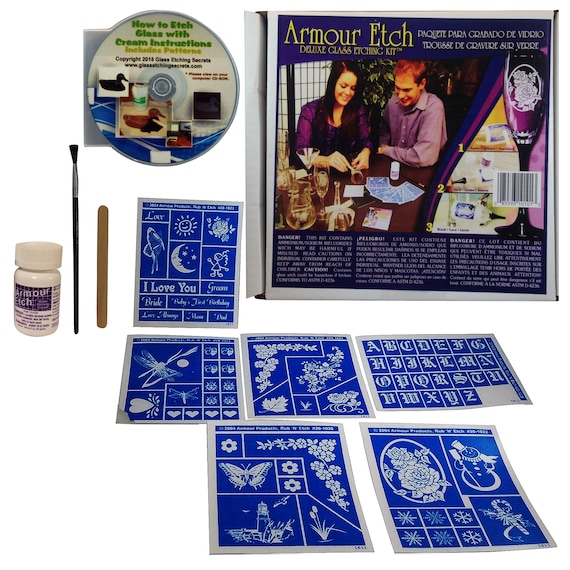 Glass Etching Kit Deluxe: Acid Etching Cream, Stencils, Brush + Free How to  Etch Glass & Patterns CD