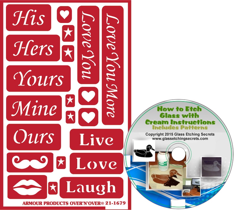 Pu&ograve; includere: Foglio di stencil rosso e bianco con parole come "His", "Hers", "Yours", "Mine", "Ours", "Love You", "Love You More", "Live", "Love" e "Laugh". Il foglio &egrave; confezionato con un CD etichettato "How to Etch Glass with Cream Instructions Includes Patterns".