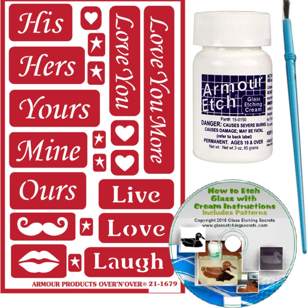 His and Hers DIY Glass Etching Kit 2.8 Oz Etching Cream, Stencils, Brush & CD Custom Etch