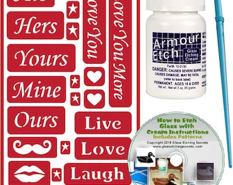 His and Hers DIY Glass Etching Kit: 2.8 oz Etching Cream, Stencils, Brush & CD - Custom Etch Wedding Gifts for Mugs, Wine Glasses or Cups