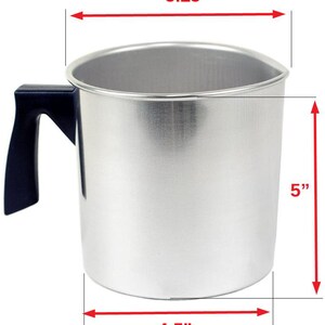 May include: A silver metal pitcher with a black handle. The pitcher is 5 inches tall, 5.25 inches wide, and 4.5 inches in diameter.