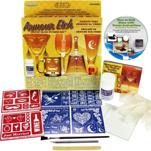 May include: Deluxe glass etching kit with stencils, cream, and instructions. Includes a variety of designs, such as wine glasses, a mug, and decorative patterns. The kit also includes a bottle of Armour Etch cream.