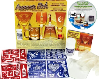 Glass Etching Kit + Cream, Reusable Stencils, Brush, Applicator, Cutter + CD