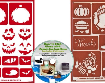 Fall Season Reusable Vinyl Stencils: Pumpkin & Thanksgiving Adhesive Stencils + Free How to Etch CD