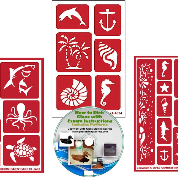 Sea & Ocean Life Animal Stencils: 3 Pack Reusable Nautical Stencils for Paint Or Glass Etching + How to Etch CD