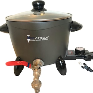 May include: Gray electric wax melting pot with a glass lid, a red handle, and a spigot. The pot has a black base and a black knob on the side. The pot has the text "DIY GATEWAY CANDLE MAKING SUPPLIES" on the side.