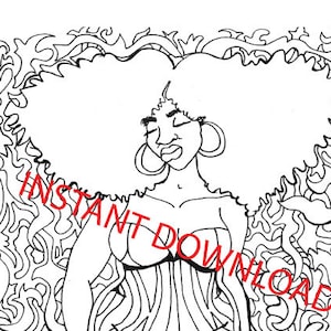 afro girl coloring page, black woman art, big hair coloring page, flowy dress coloring page, downloadable coloring page, instant download