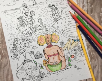 adult coloring page, beach day illustration, anti stress coloring, coloring sheet, downloadable coloring sheet, beach, grown up coloring,