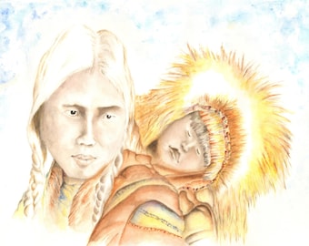 Oryginalny portret akwarela malarstwo - matki i dziecka - Eskimo - Eskimosów - portret sztuki - sztuki - kolorowe malowanie - Artic niebo. 12 x 15