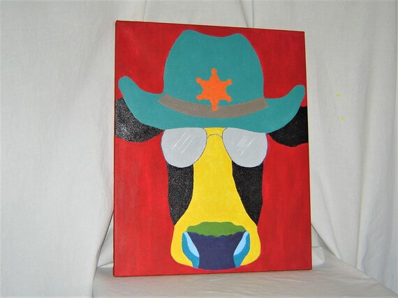 Cow Sunglasses Pop Art Acrylic Painting - Original Cow Painting - Cow Art - Farm Animal Painting - Wall Decor - Gallery Wrapped - 16 x 20 In
