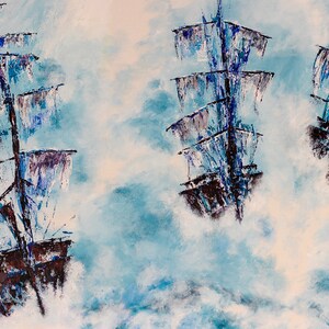 Ghost Pirate Ships In The Sky -Ocean Painting - Original Acrylic Abstract Style Seascape, Blue Palette Knife Painting and Brush Strokes