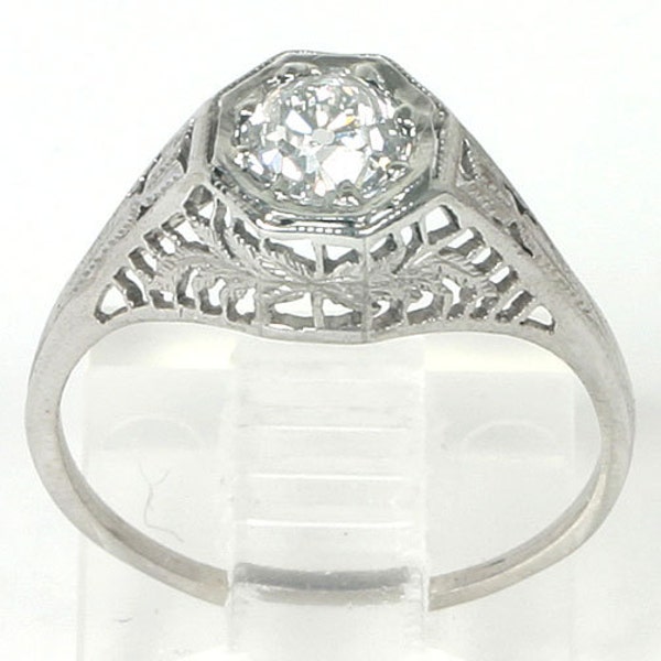 Vintage Art Deco Filigree Platinum Diamond Solitaire Engagement Ring