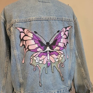 Renewed and Embellished Levi&#39;s Jean Jacket Hand Embroidered with Butterflies