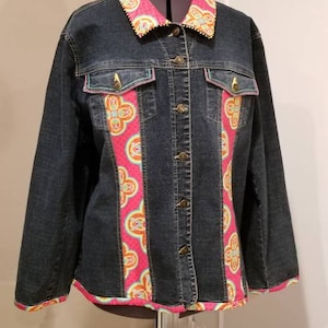 Upcycled Hand Embroidered & Embellished Beautiful Women&#39;s XL Jean Jacket! Absolutely FREE SHIPPING!