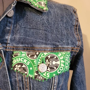 Charming OOAK Starbucks Jean Jacket!  Hand-stitched! Size M!  Absolutely Free Shipping!