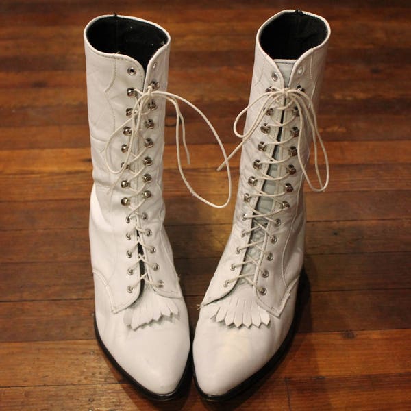 White Leather Cowboy Riding Lace Up Boots Sz 8.5 by Laredo Made in USA