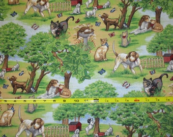 Dogs Cats Cotton Fabric in play park - large scale print - By: Classic Cottons Pre Washed Vintage