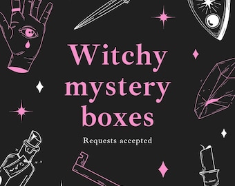 May include: Black background with pink and white illustrations of witchy items, including a hand with an eye, a dagger, a planchette, a crystal, a potion bottle, a key, and a candle. Text reads "Witchy mystery boxes. Requests accepted."