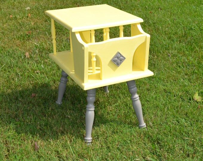 Gray and Yellow Side Table, Hand Painted Table, Nightstand, Magazine