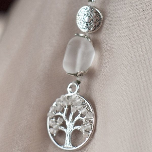 Tree of Life Winter Snow-  Long Woven Pearl Beaded Necklace ; Quartz, Wire Wrapped Icy Sterling Silver Pendant, with Beach Frosted Glass