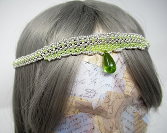 Zilveren voorhoofd band groene Teardrop Tiara zendspoel haar sieraden LARP-kostuum accessoires Elven Enchantress Circlet Boho Fairy kroon Quartz