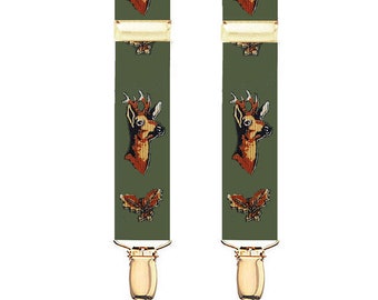 DEER SUSPENDERS with LEAF - 2 Adult Sizes for Better Fit - 1 1/4" Width Elastic