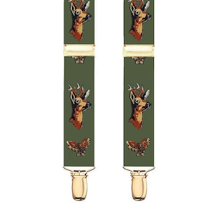 DEER SUSPENDERS with LEAF - 2 Adult Sizes for Better Fit - 1 1/4" Width Elastic