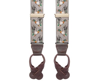 MALLARDS BRACES - Waterfowl Button Suspenders - 1980's Vintage Ribbon Suspenders - One Size