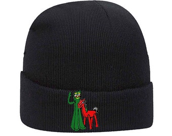 GUMBY & POKEY Knit Beanie - Black or Red - Embroidered Logo - Collectable = Limited Quanties