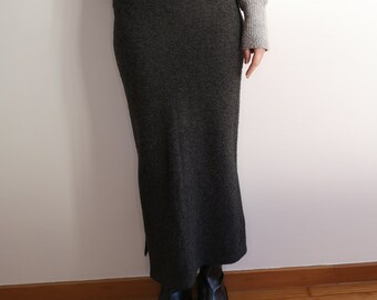 Dark Grey bodycon knitted midi skirt with side slit.