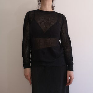 Women Black Mesh knit crew neck sweater. Knit sweater sheer mesh longsleeve top.