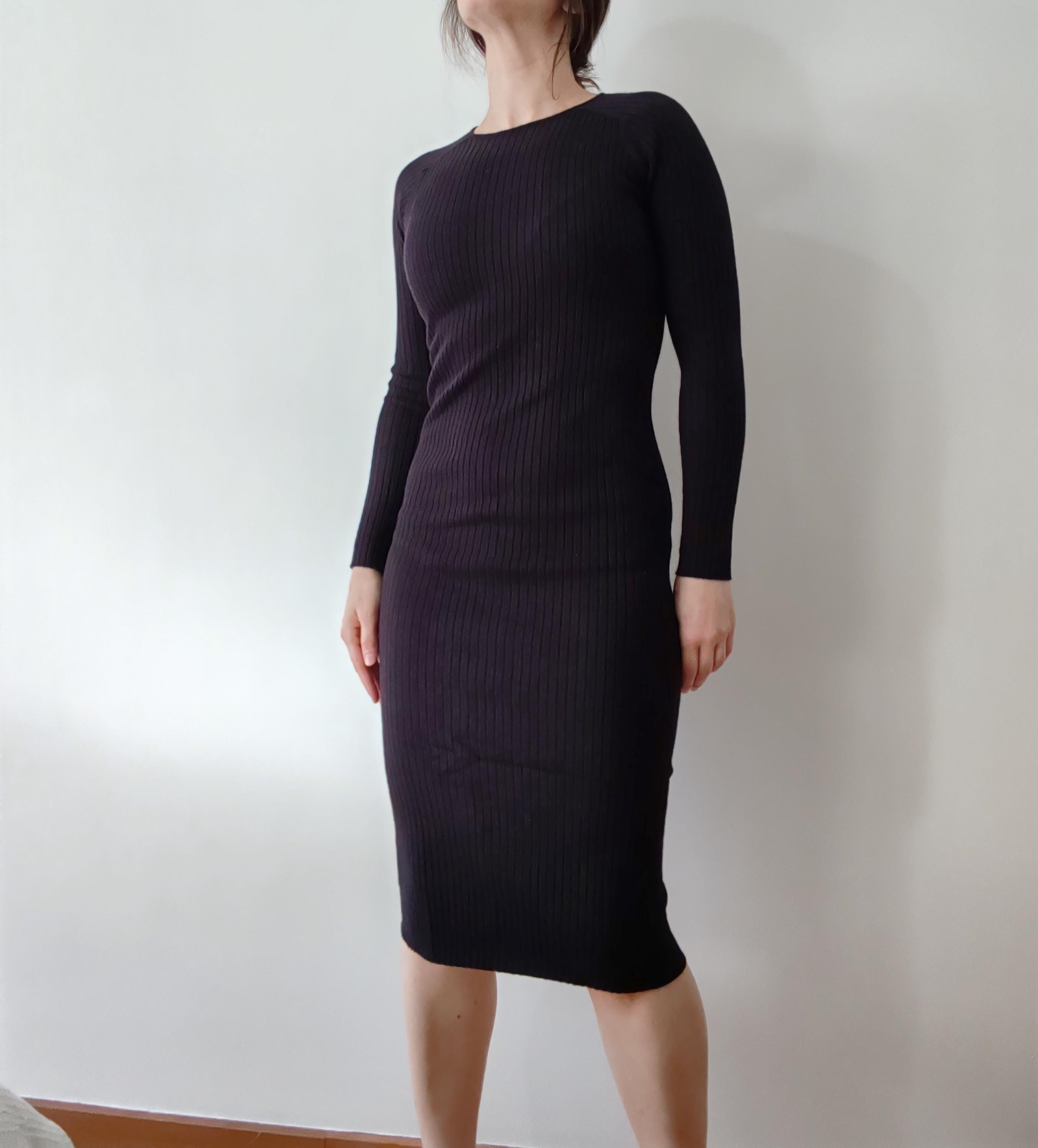 black ribbed bodycon dress long sleeve ECB Exclusive: Little Black Ribbed Cutout Slit Long Sleeve Dress, Black XL