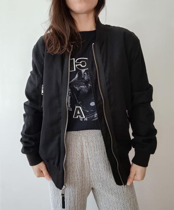 Black zip up Linen bomber jacket. Black bomber jacket.