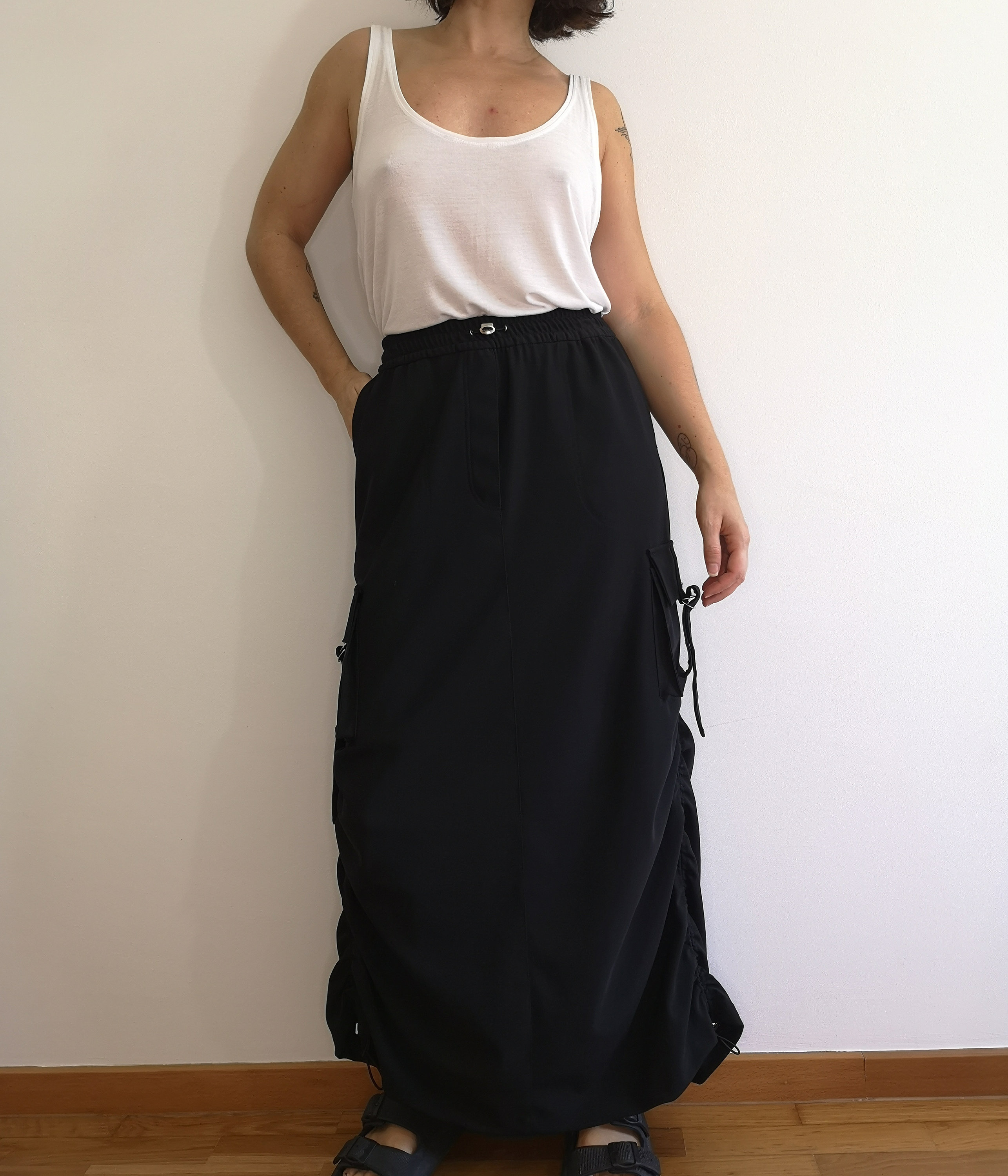 スカート KOLEAT WOMEN Summer Cooling Banding Cargo Long Skirt BLACK K Cargo Skirt Womens Solid Color High Waisted Summer Long
