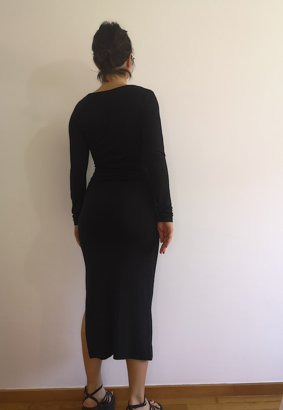 Black Elastic Long Sleeve Split Hem Dress - Etsy Black Elastic Long Sleeve Split Hem Dress - Etsy