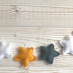 garland stars, wall decoration, star decoration, yellow mustard deco, yellow star, gray star, white star, 8 stars feutrine