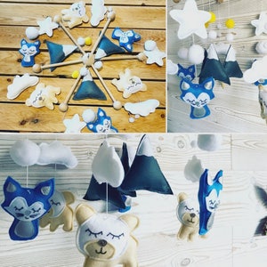 mobile baby, theme polar bear, blue wolves and mountains, cradle suspension, baby room decor, mobile games, suspension deco